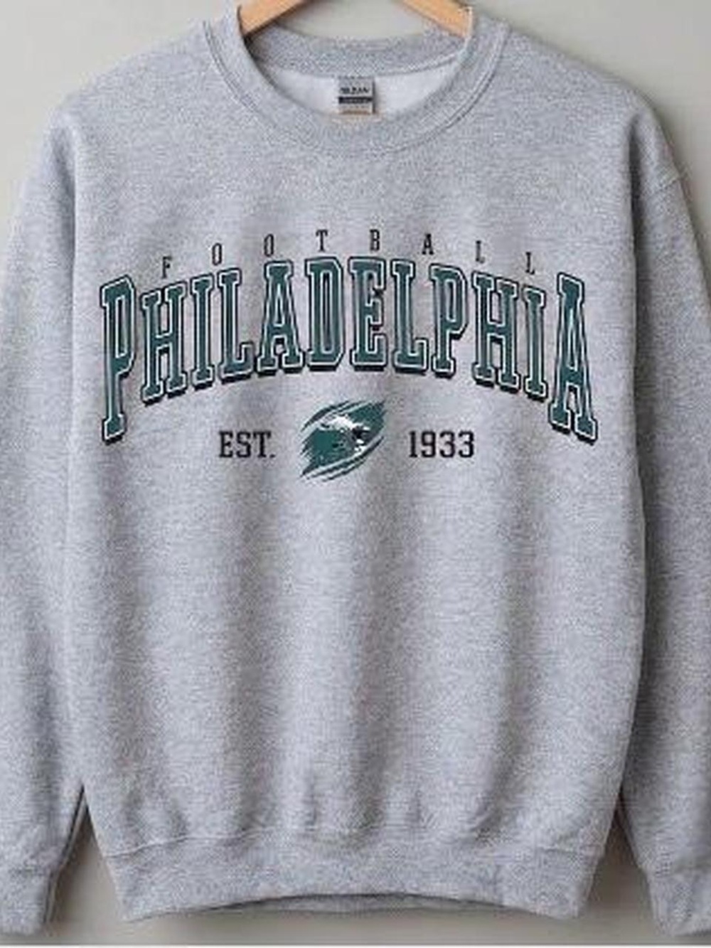 Gildan Gray Crewneck Sweatshirt with Green Philadelphia Football Print
